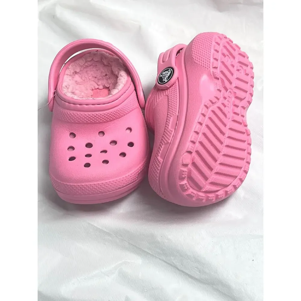 Crocs Classic Lined Clogs Toddler Girls Size C4 Pink Fuzzy Fur Slip On
